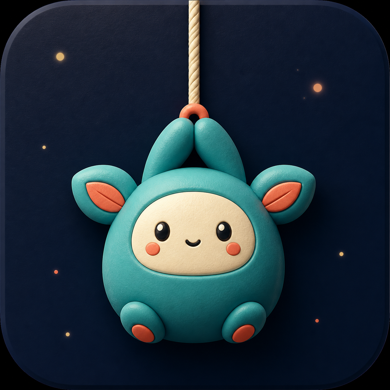A teal Hangbuddy character dangling from a soft rope
